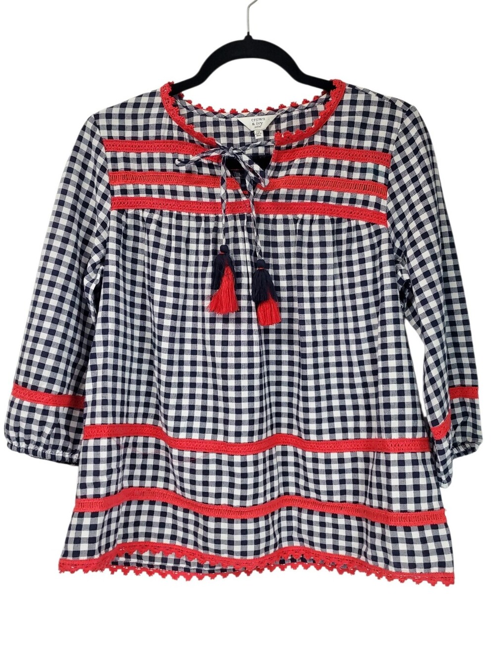 Boho Peasant Check Blouse Petite Medium Crown And Ivy 3/4 Length Tassle Top - Picture 1 of 8